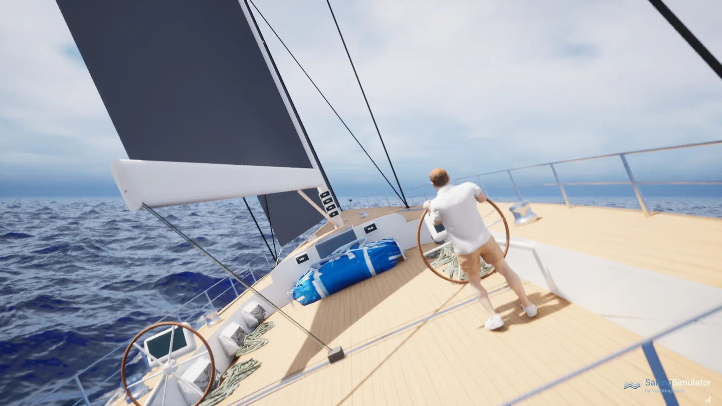 On deck, at the wheel